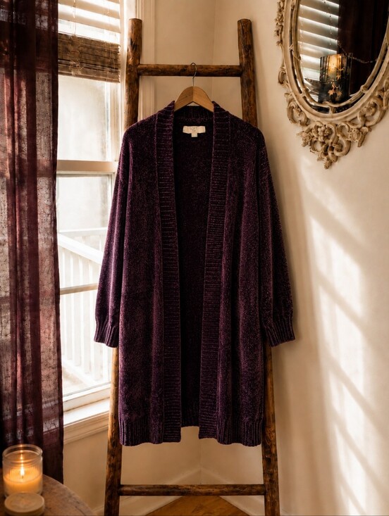 LOFT Sweaters - Deep Plum Purple Chenille Open Front Cardigan